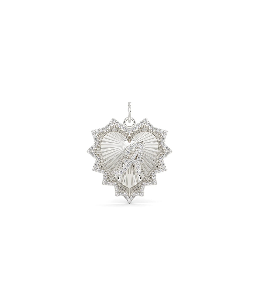 White gold fluted initials heart charm with couples initials and romantic design