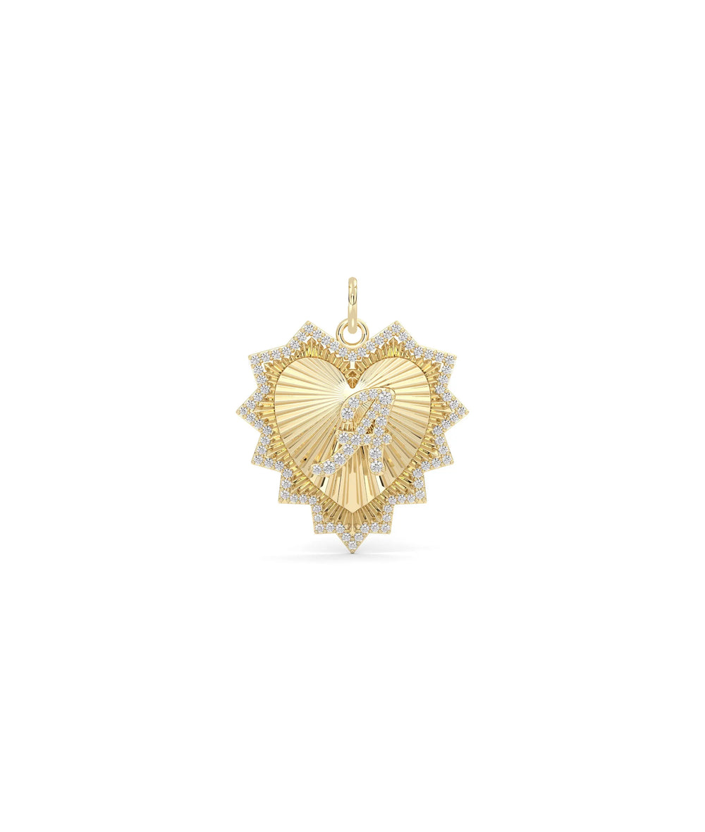 Fluted initials heart charm front view in yellow gold with dual personalized letters