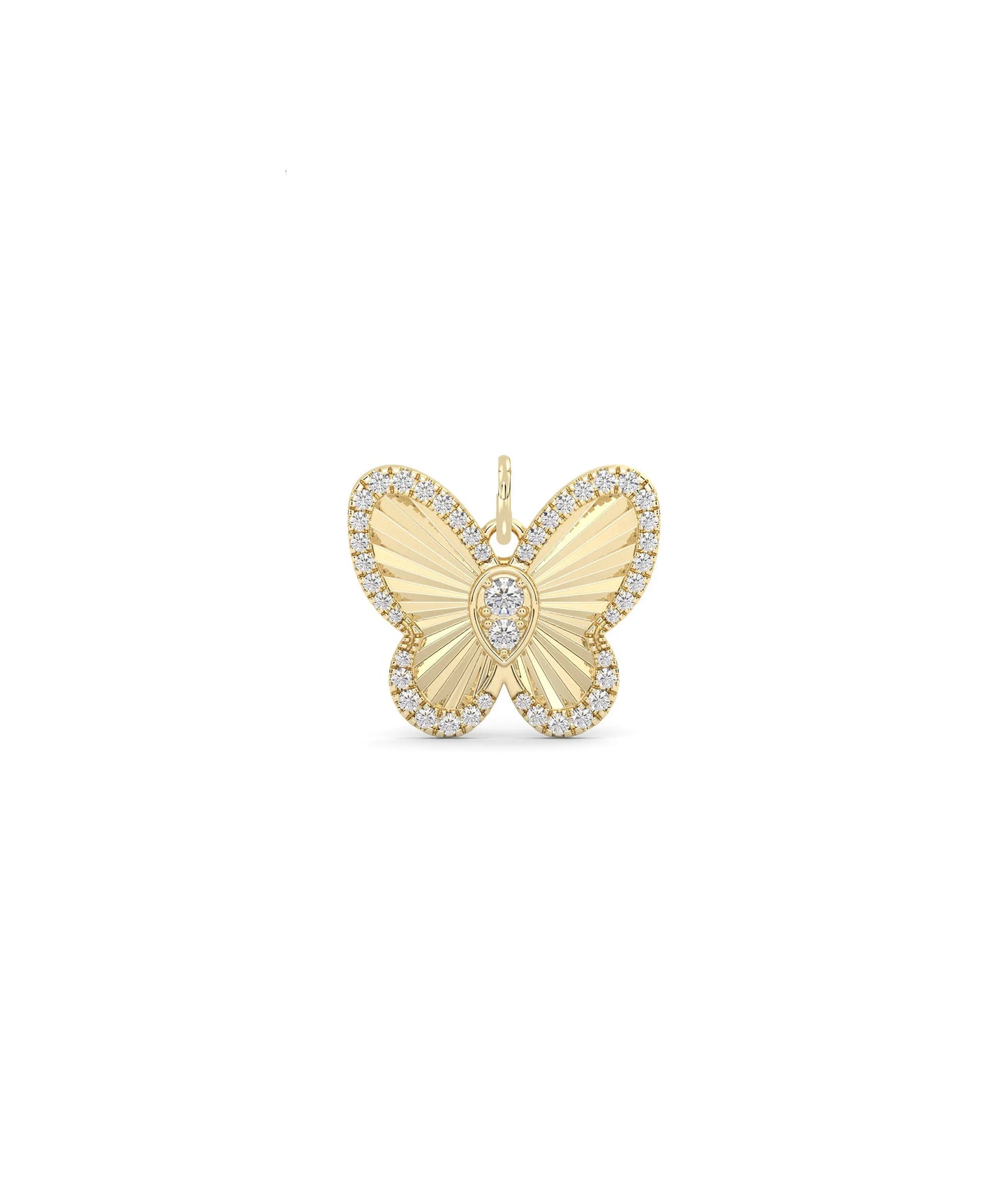 Fluted butterfly charm front view in yellow gold with realistic wing texture