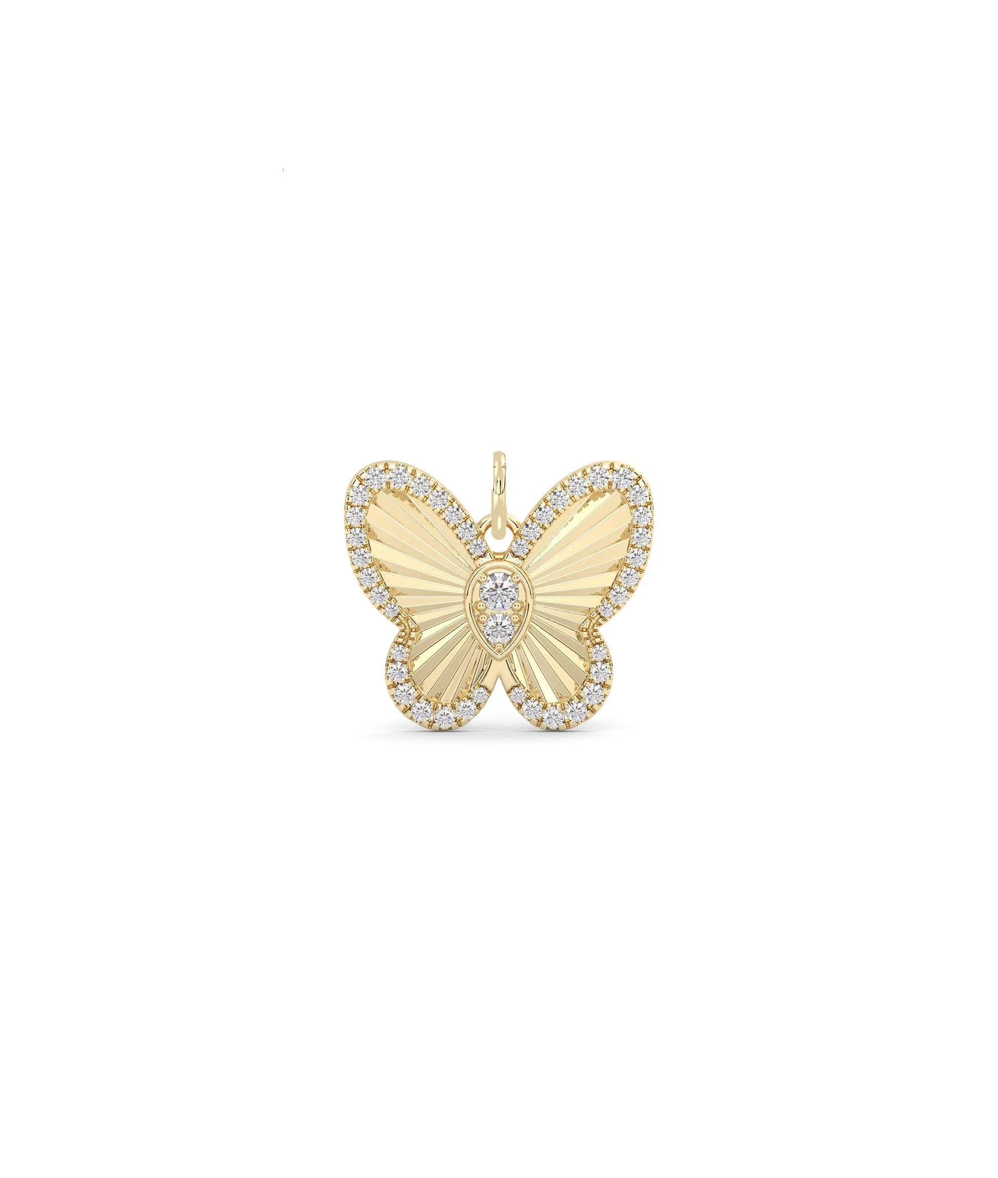 Fluted butterfly charm front view in yellow gold with realistic wing texture