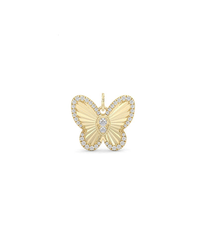 Fluted butterfly charm front view in yellow gold with realistic wing texture