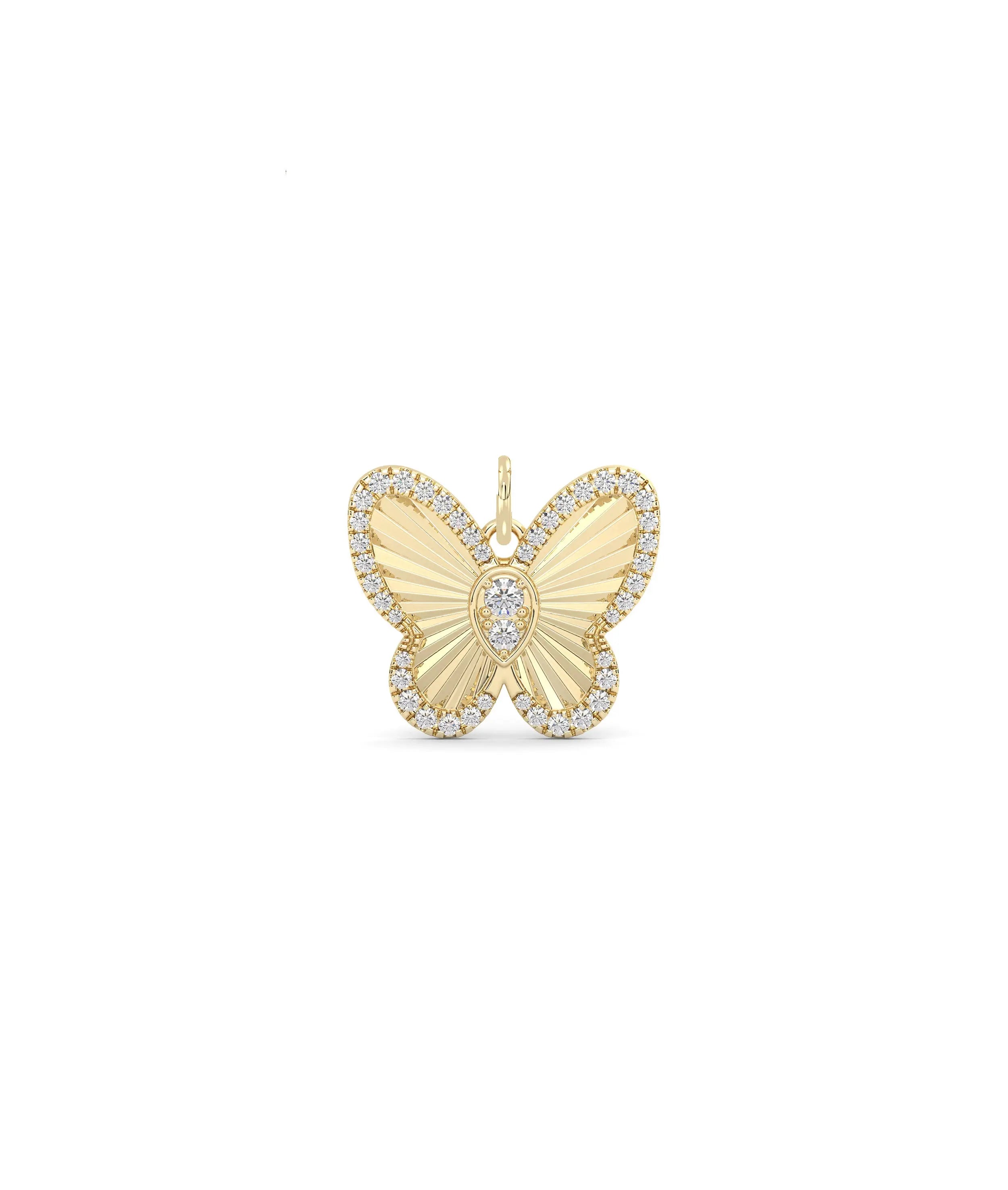 Fluted butterfly charm front view in yellow gold with realistic wing texture