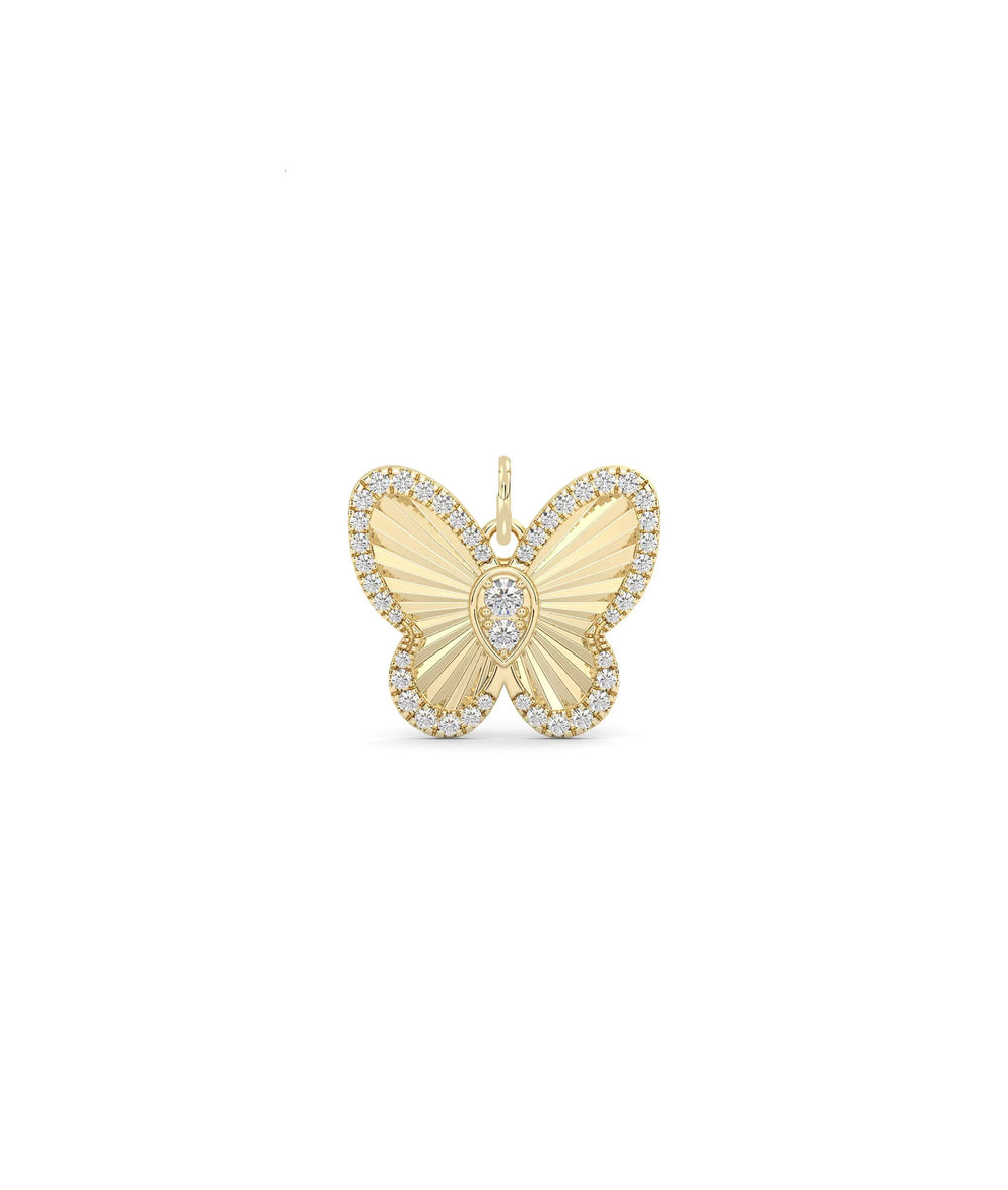 Fluted butterfly charm front view in yellow gold with realistic wing texture