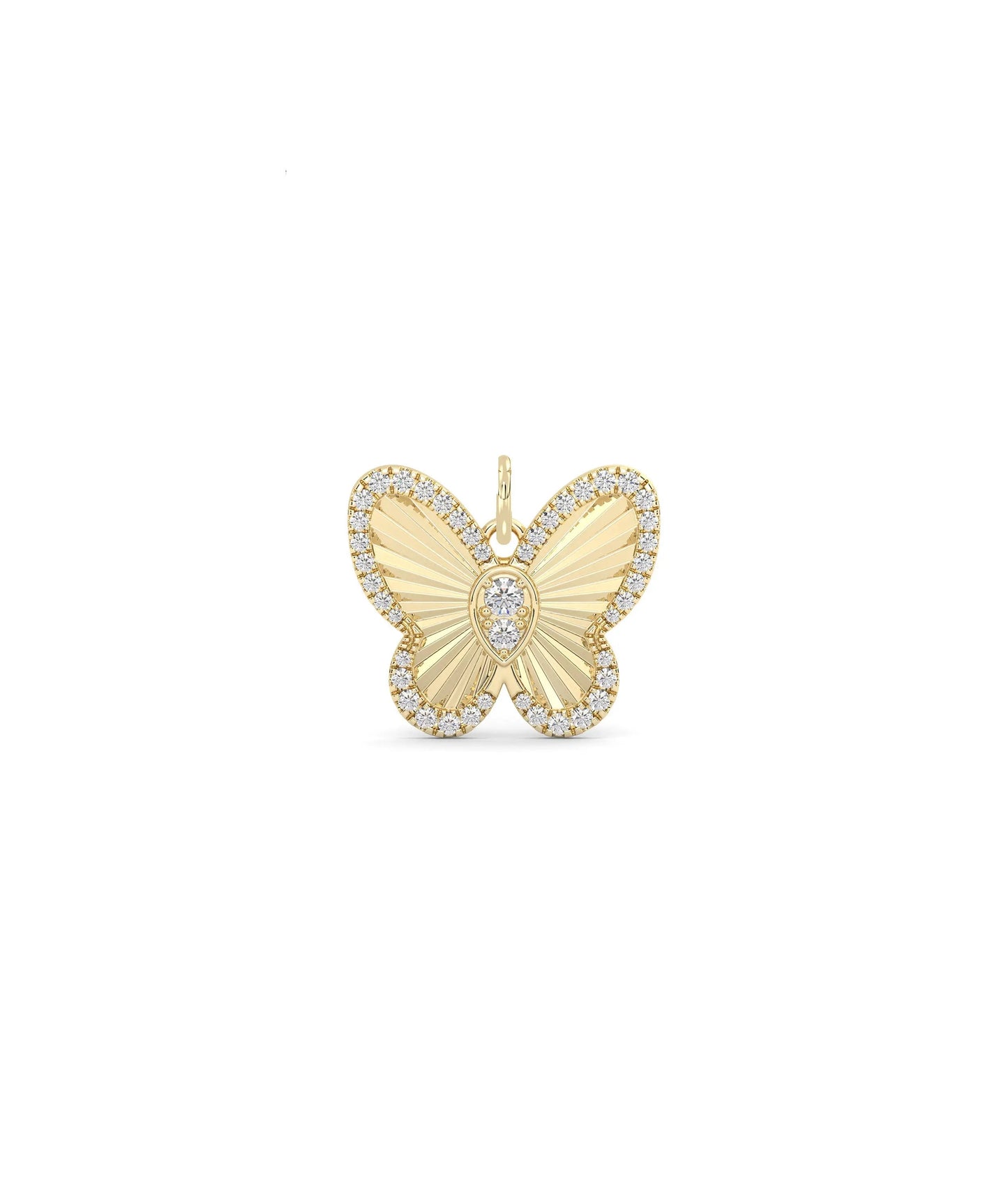 Fluted butterfly charm front view in yellow gold with realistic wing texture