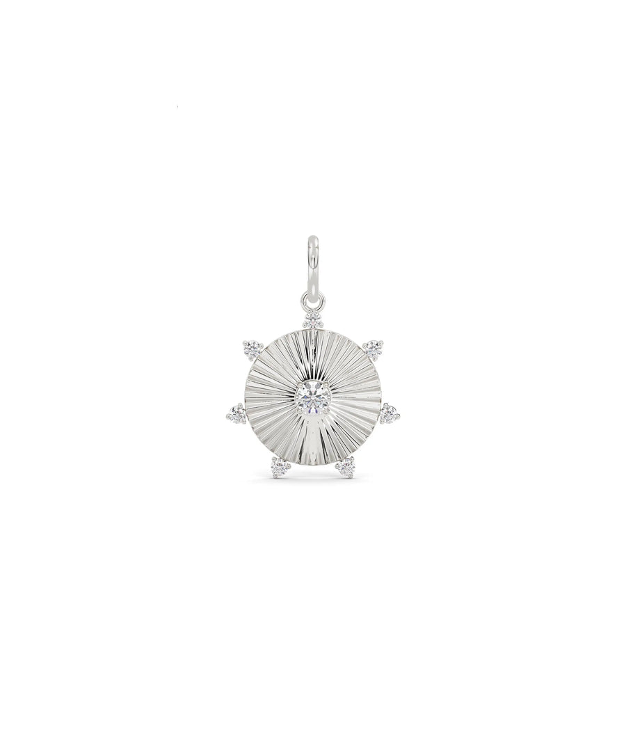 White gold fluted circle charm statement piece with exceptional diamond brilliance