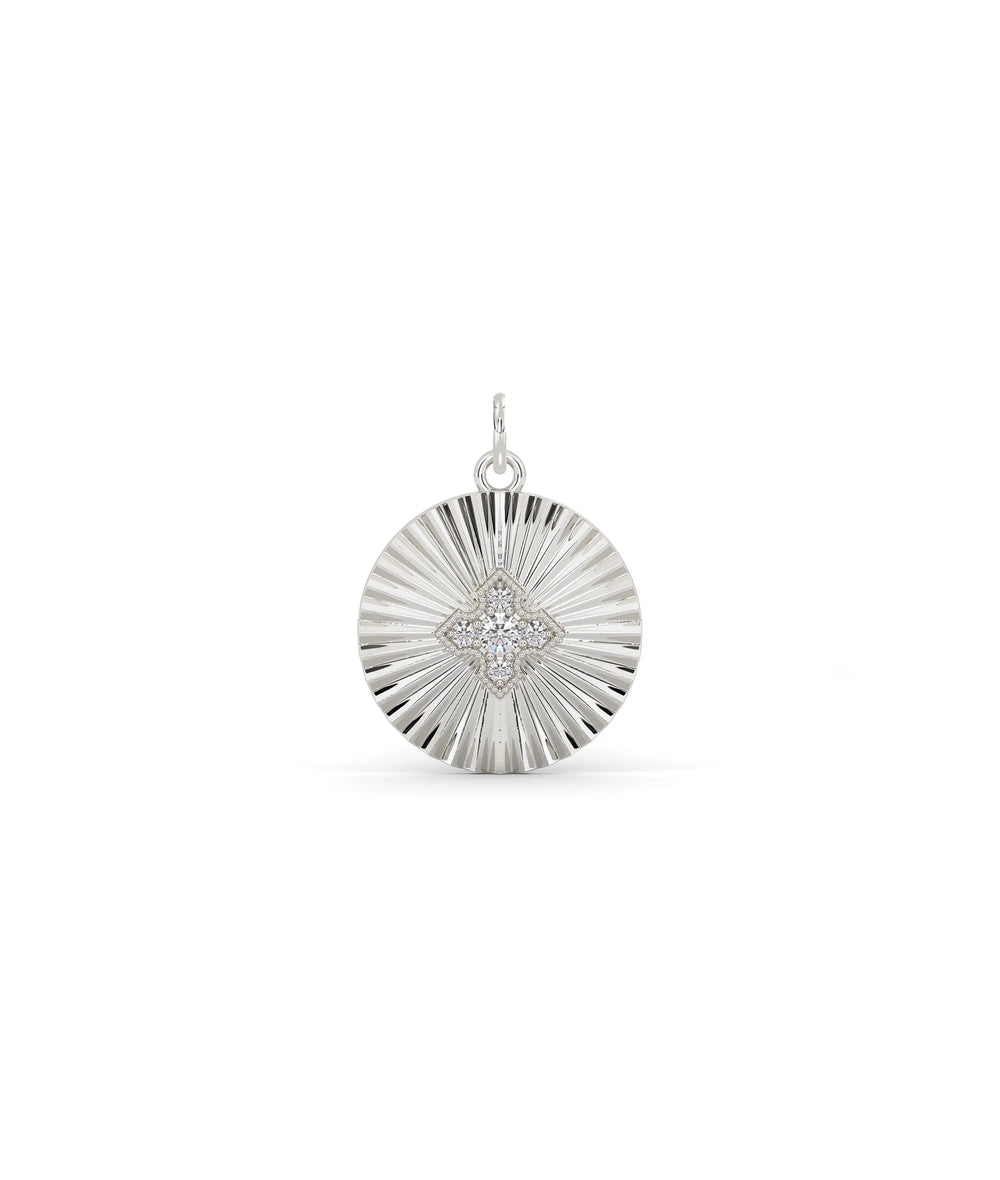 White gold fluted circle charm with sophisticated circular shape and texture