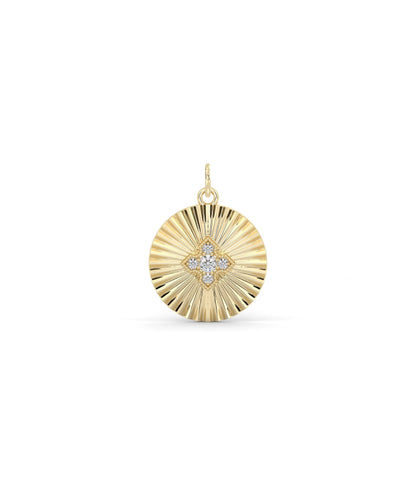 Fluted circle charm front view in yellow gold with elegant textured design