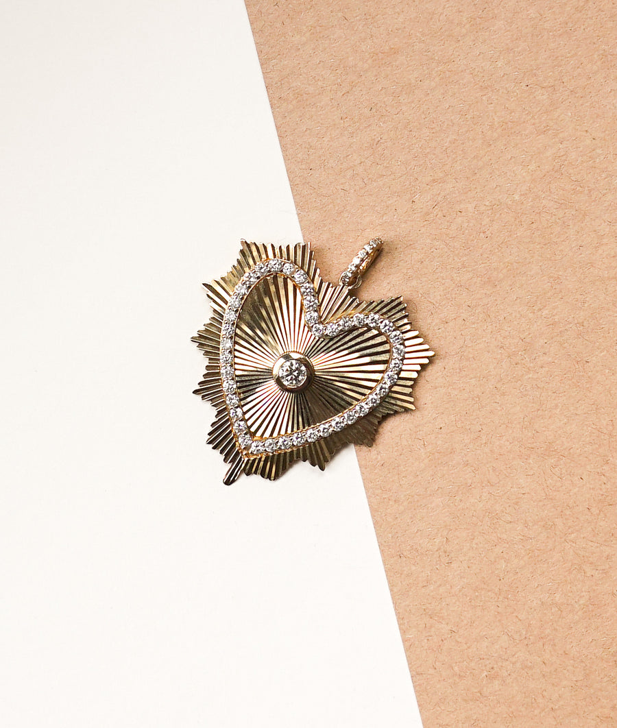 Fluted Heart Charm Luxury Diamond Gold