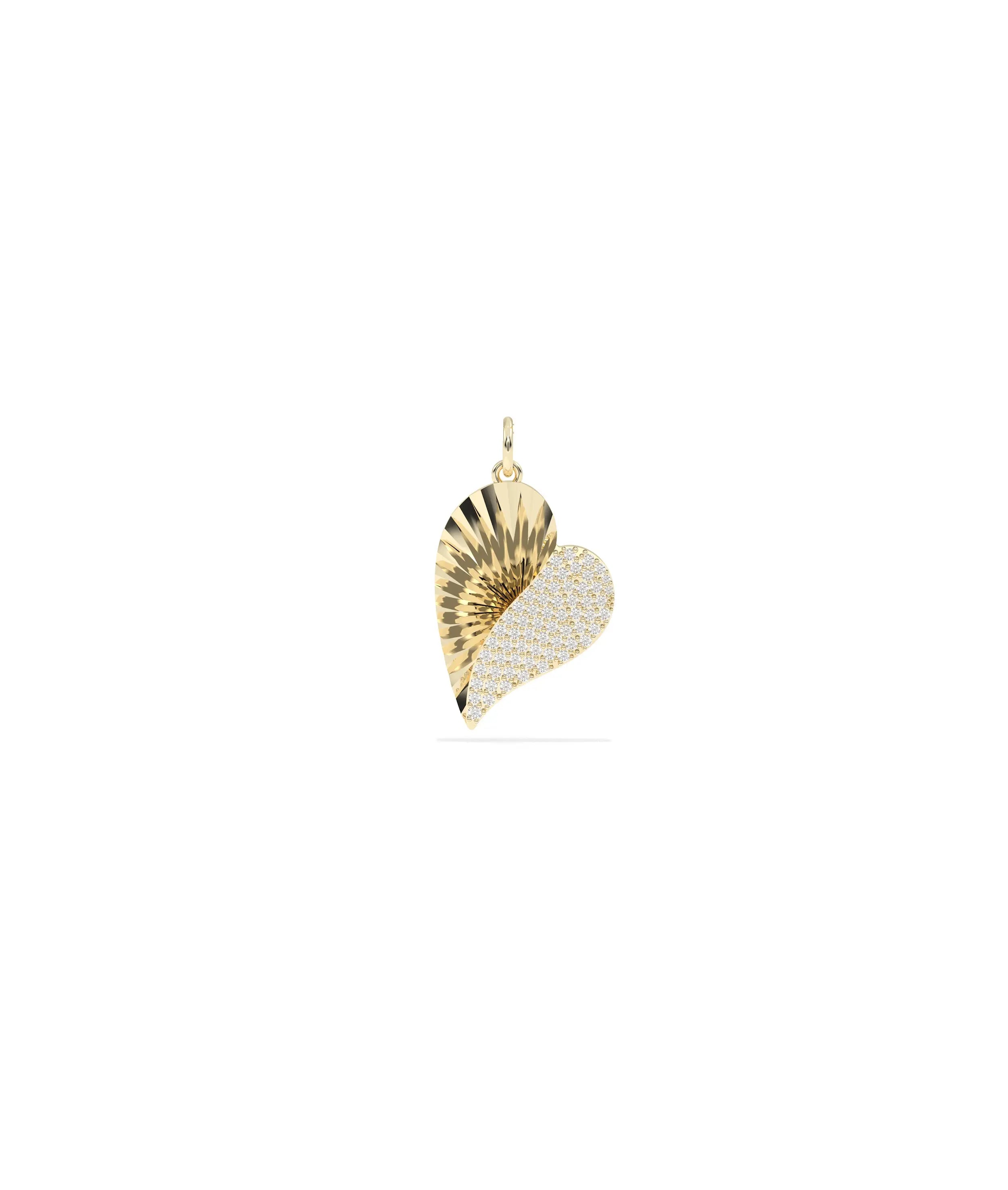 Fluted heart charm front view in yellow gold with substantial diamond coverage