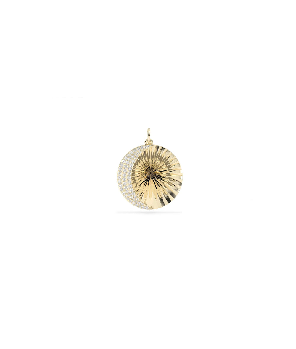 Fluted crescent charm front view in yellow gold with diamond lunar curv