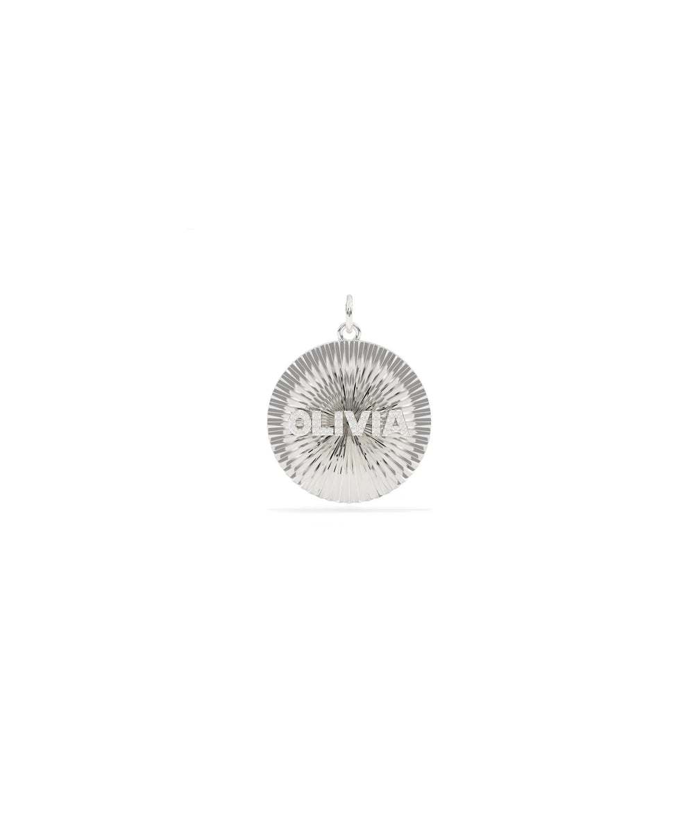 White gold fluted name charm with custom name personalization and texture