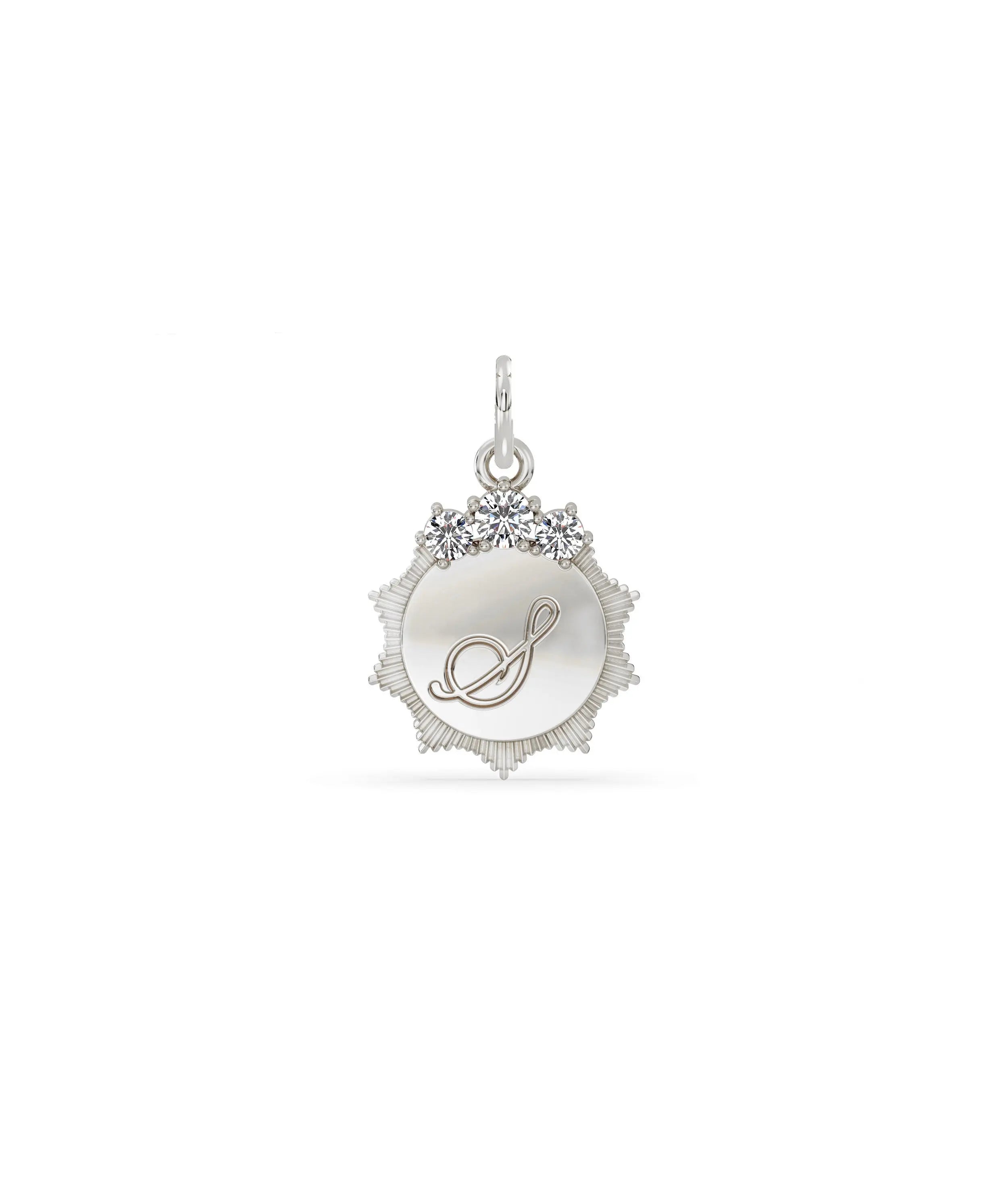 White gold fluted engraved initial charm with custom engraving and diamonds