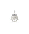 White gold fluted engraved initial charm with custom engraving and diamonds