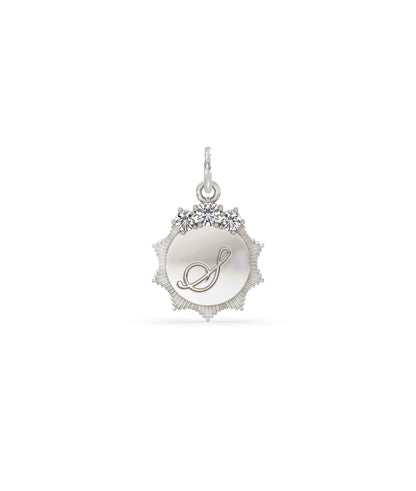 White gold fluted engraved initial charm with custom engraving and diamonds