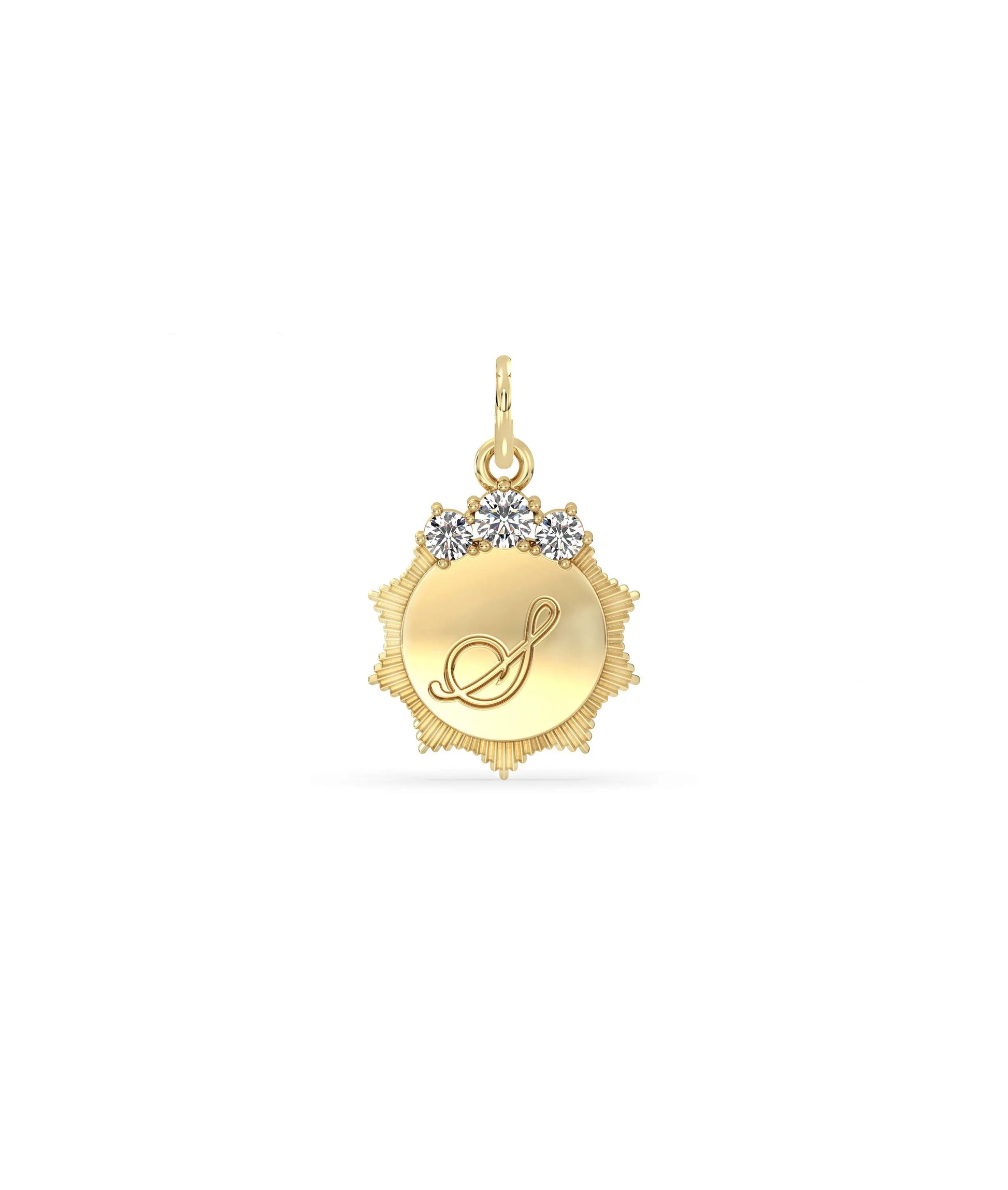 Fluted engraved initial charm front view in yellow gold with personalized heart