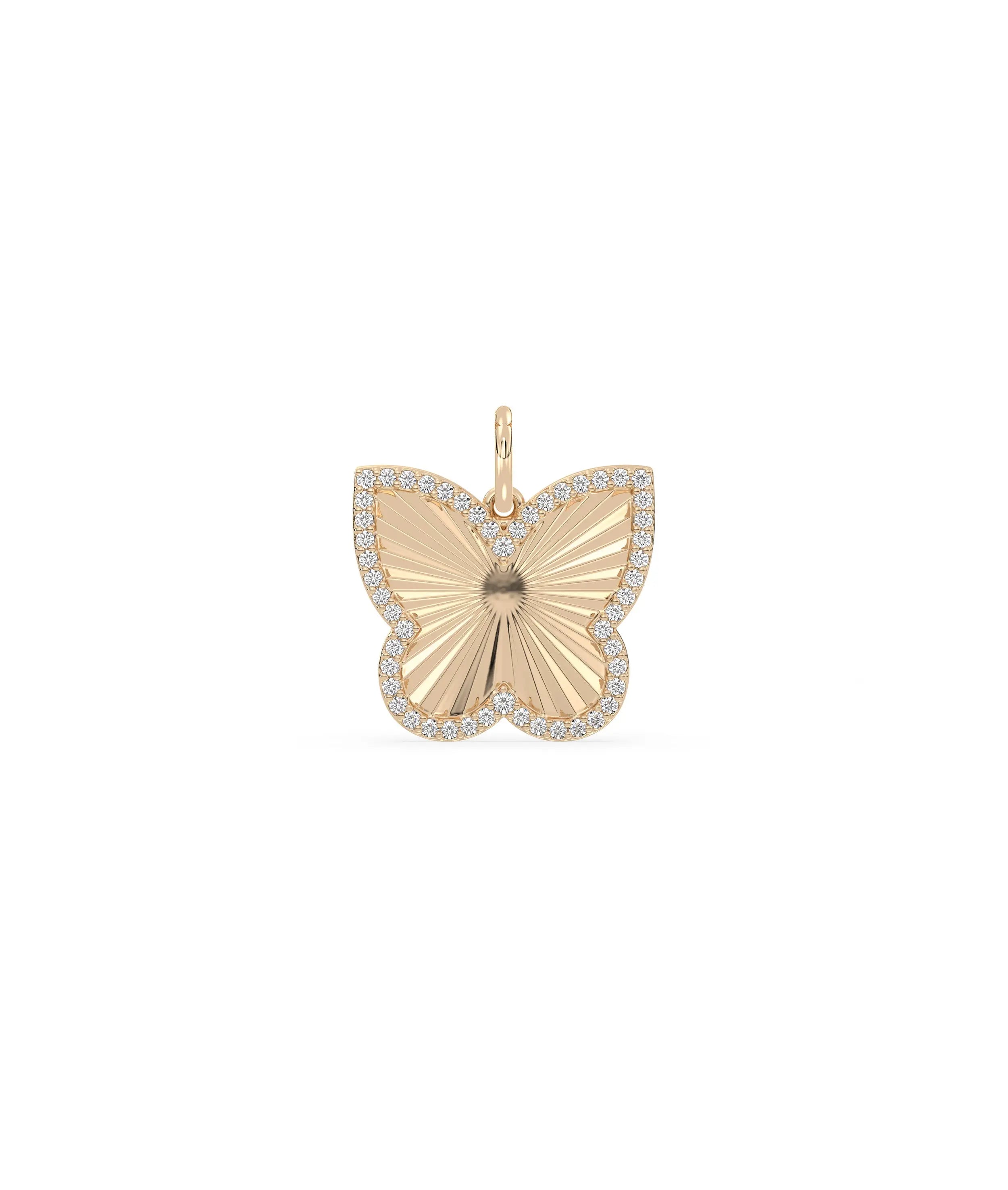Rose gold fluted butterfly charm graceful transformation symbol with diamonds