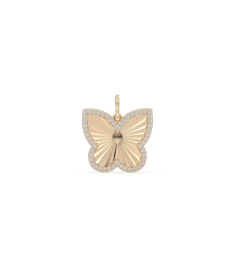 Rose gold fluted butterfly charm graceful transformation symbol with diamonds