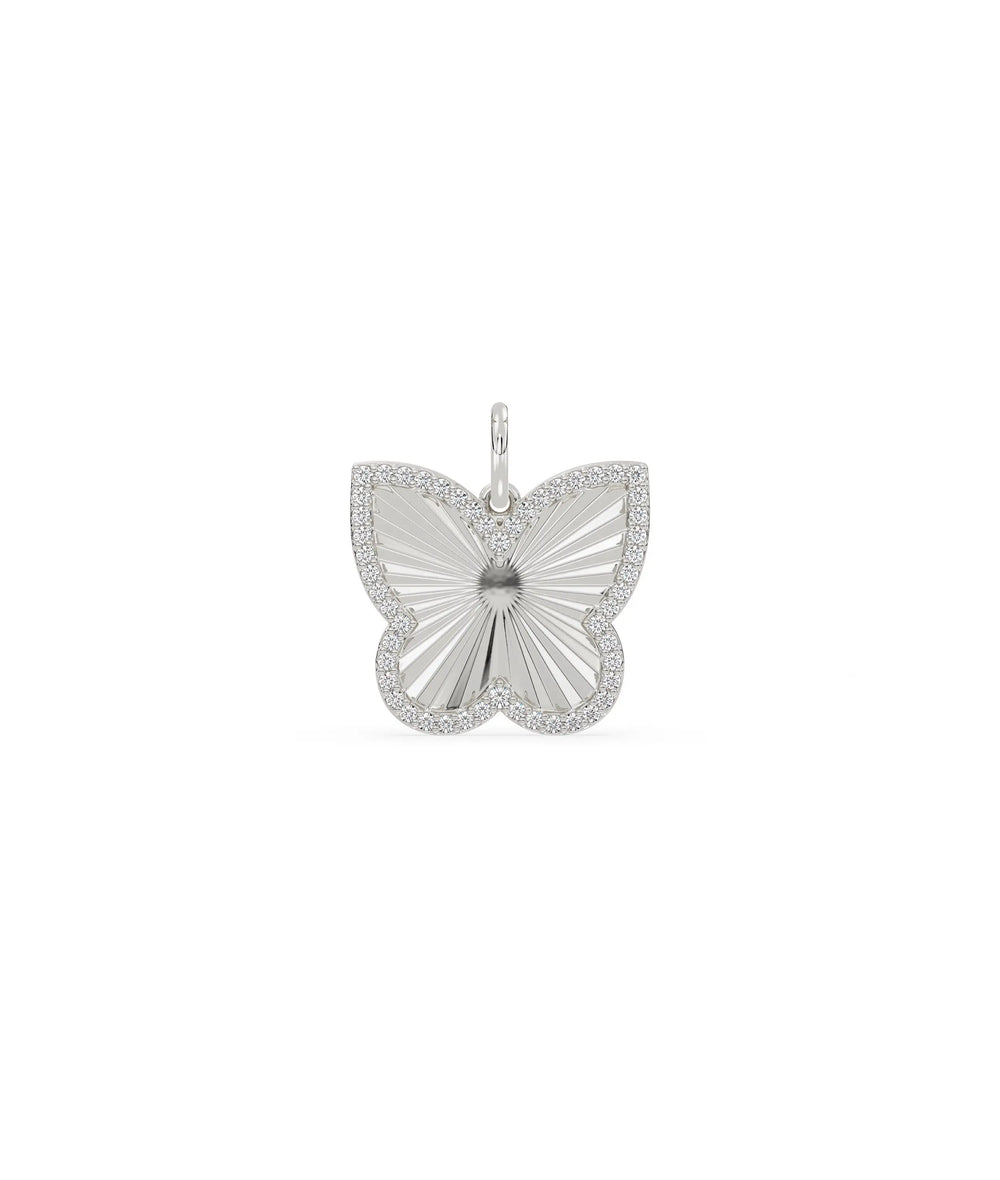 White gold fluted butterfly charm with nature-inspired texture and sparkle