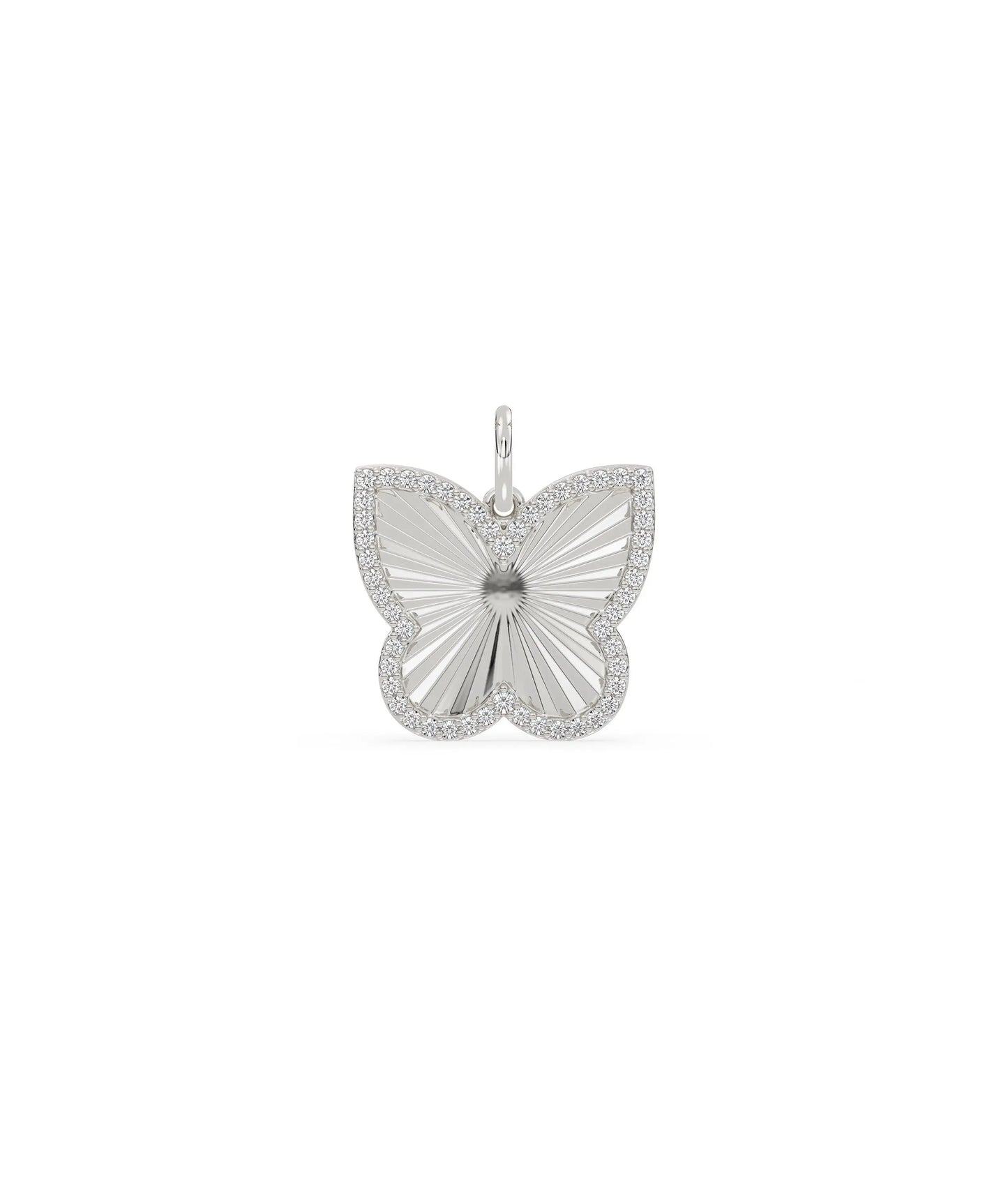White gold fluted butterfly charm with nature-inspired texture and sparkle