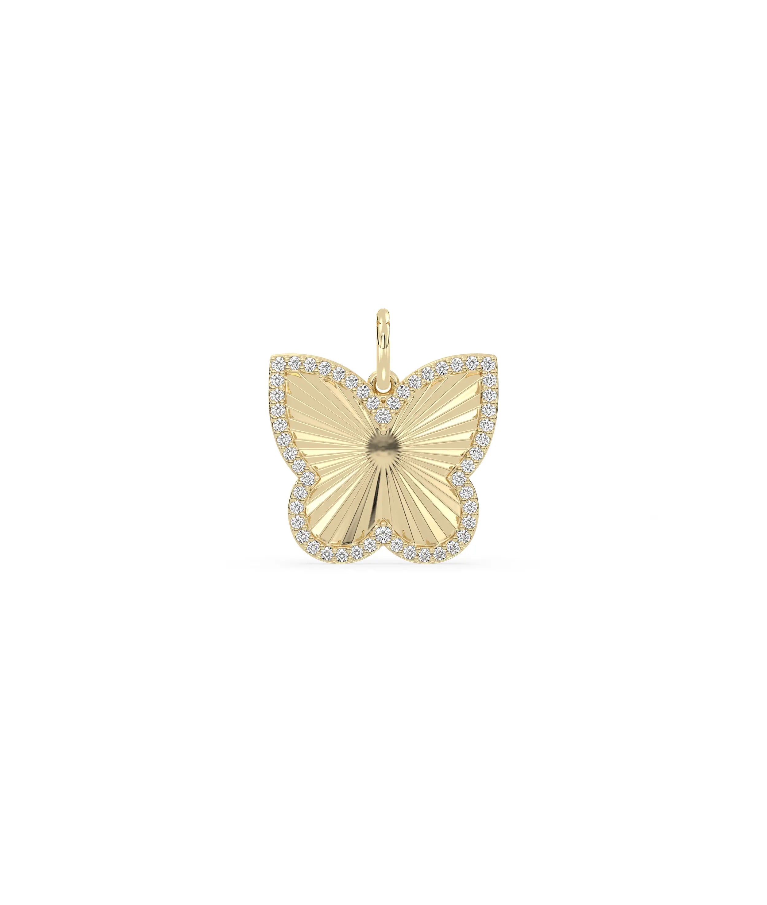 Fluted butterfly charm front view in yellow gold with delicate wing design