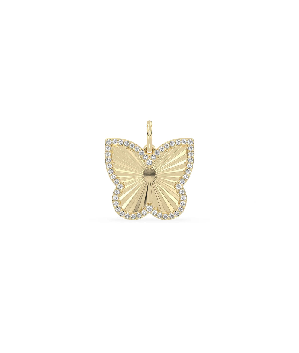 Fluted butterfly charm front view in yellow gold with delicate wing design