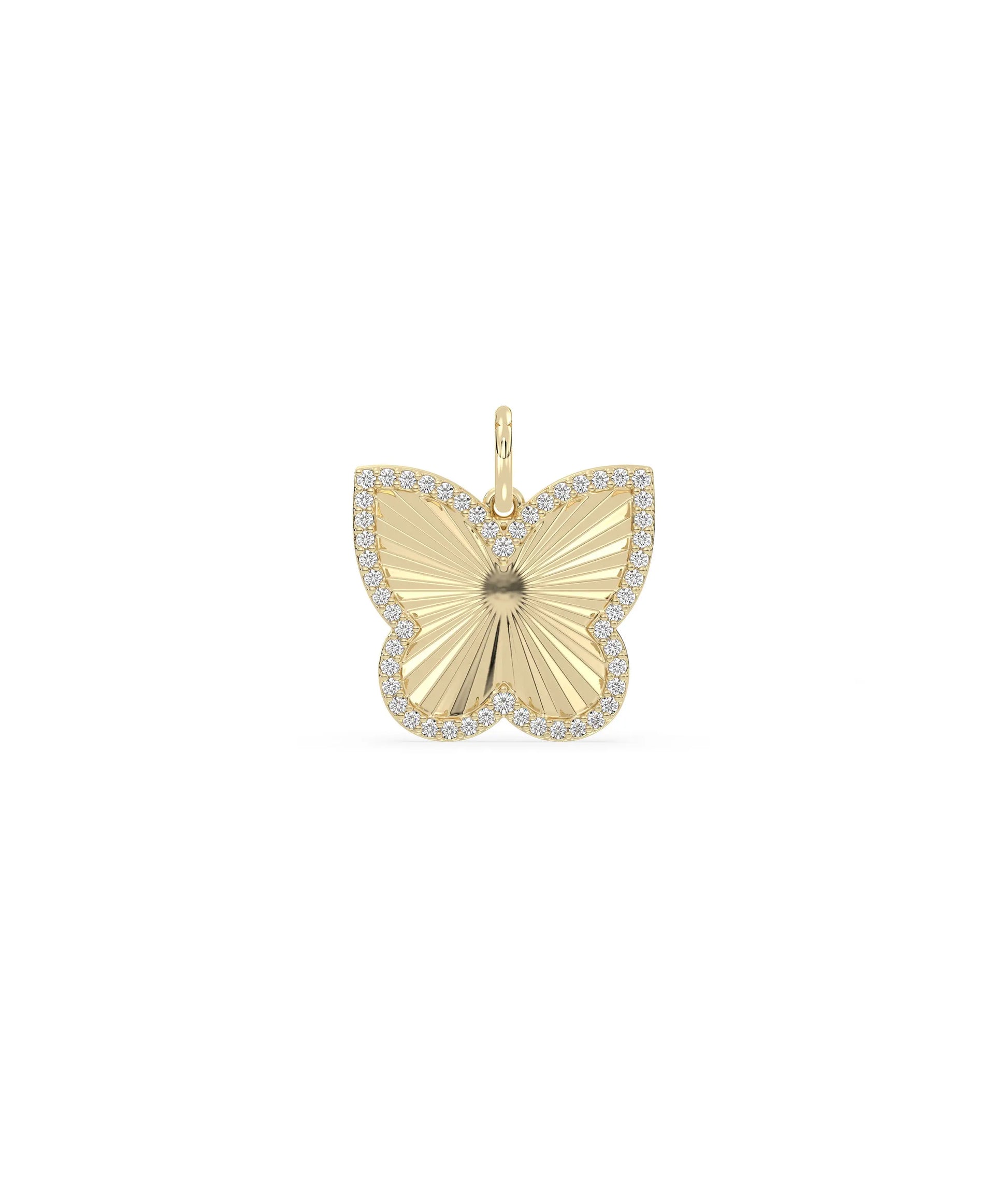 Fluted butterfly charm front view in yellow gold with delicate wing design
