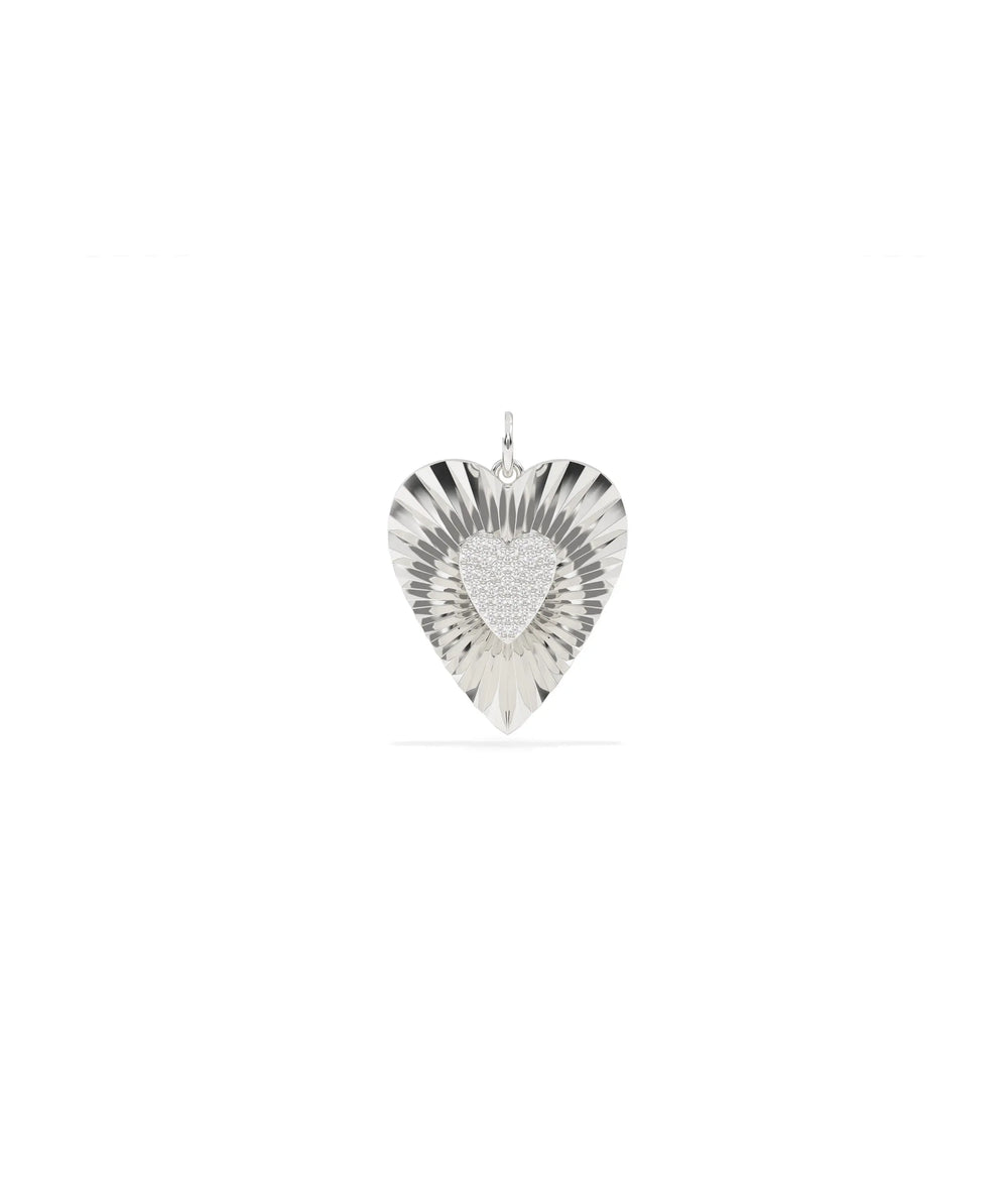 White gold fluted heart charm with sophisticated love symbol and texture