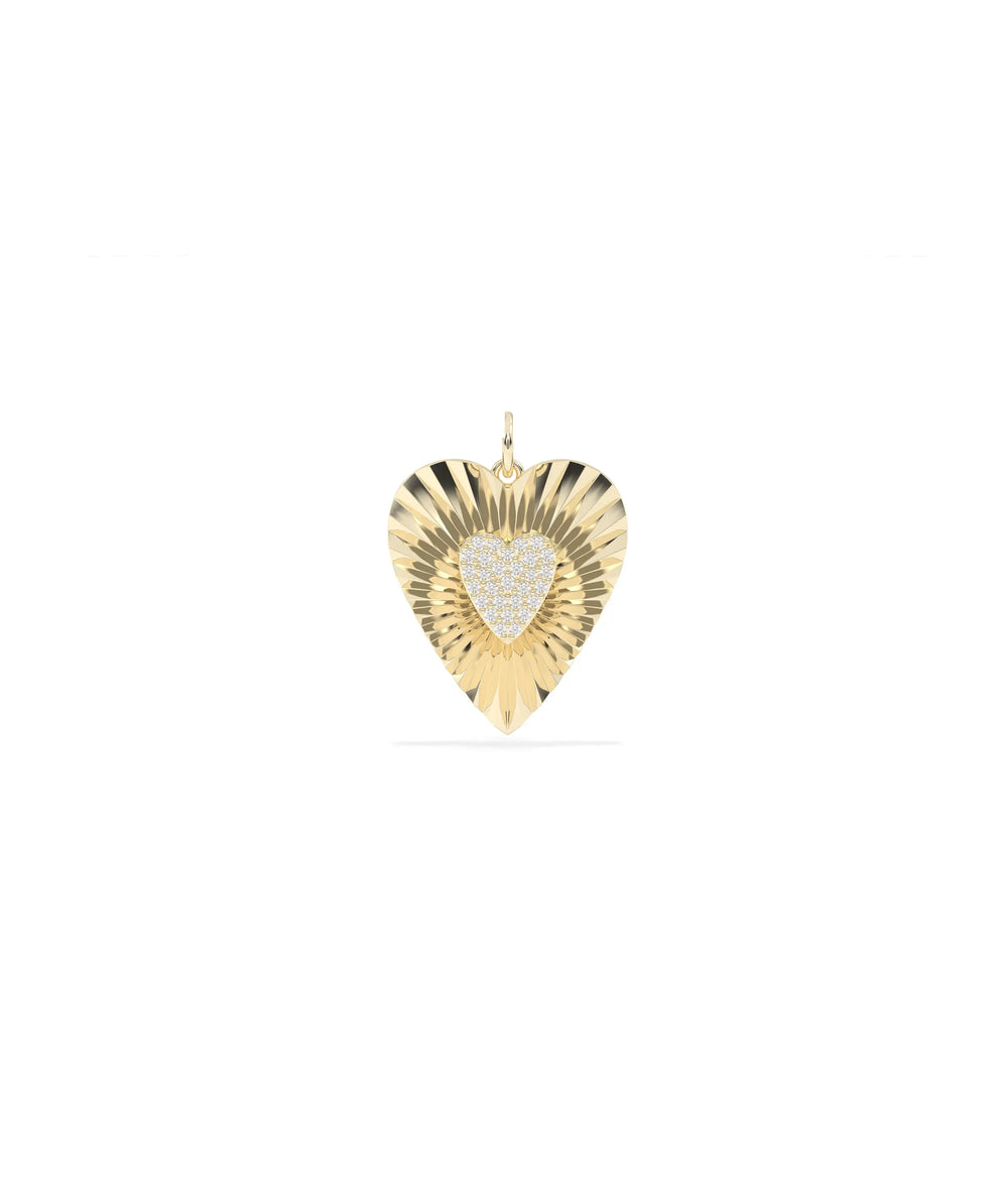Fluted heart charm front view in yellow gold with elegant textured design