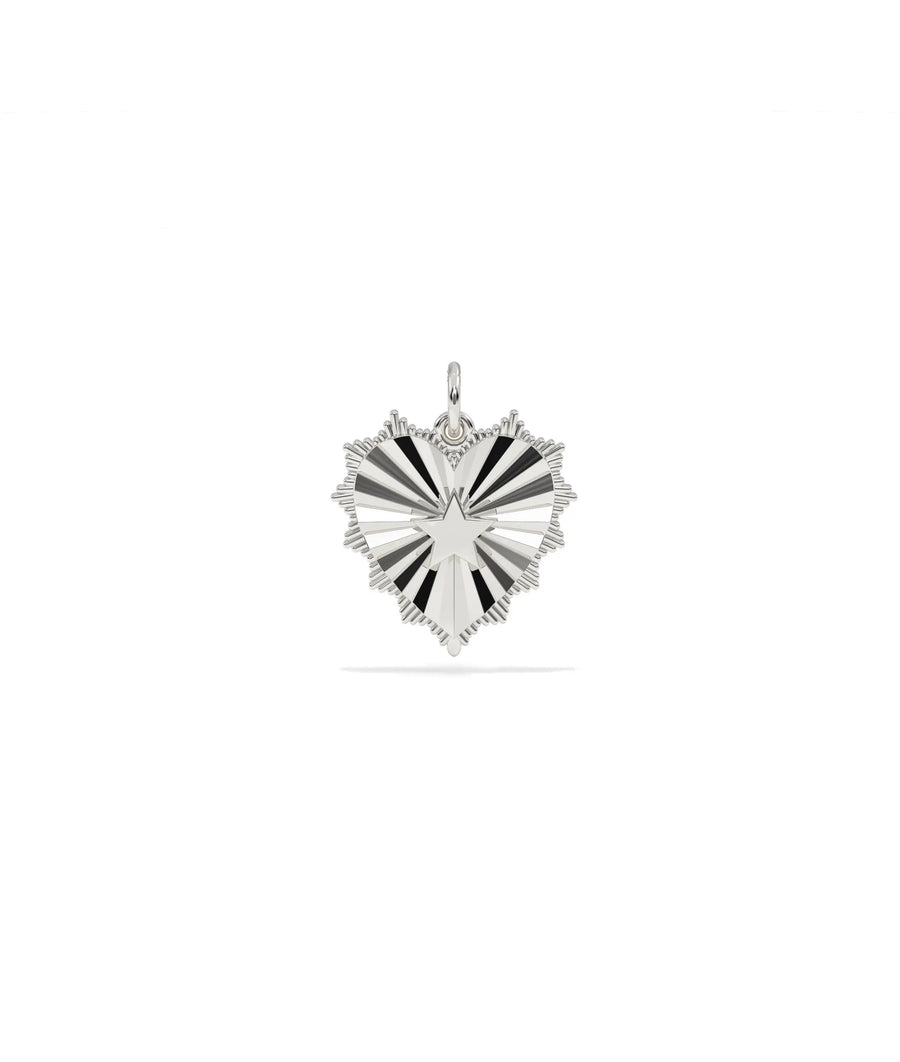 White gold fluted star and heart charm with celestial love symbols and texture