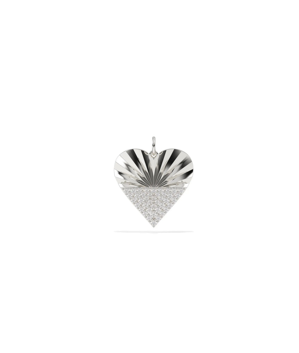 White gold fluted heart charm with dimensional love symbol and sparkle