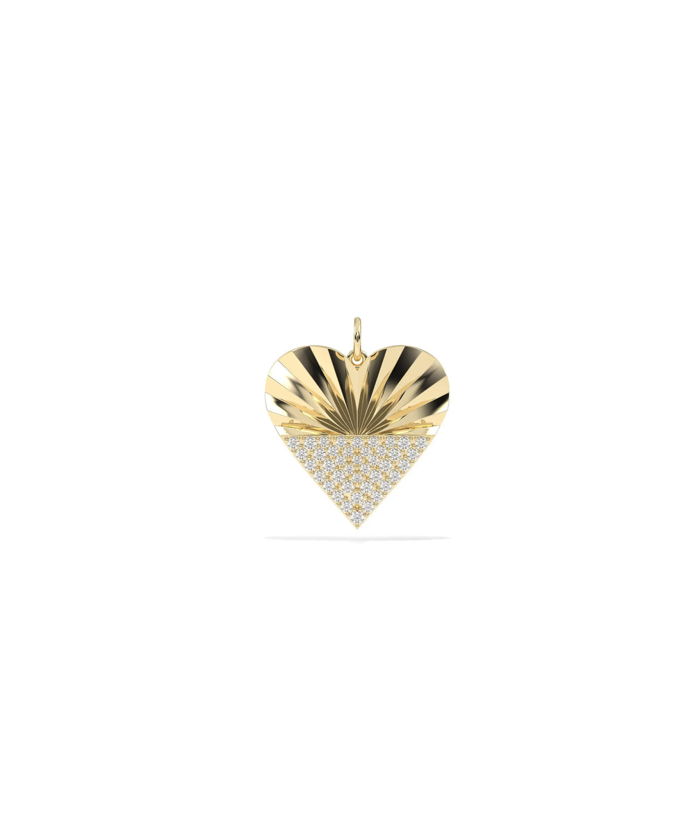 Fluted heart charm front view in yellow gold with textured romantic design