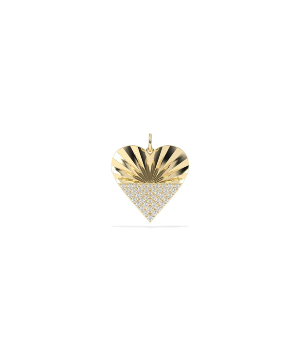 Fluted heart charm front view in yellow gold with textured romantic design