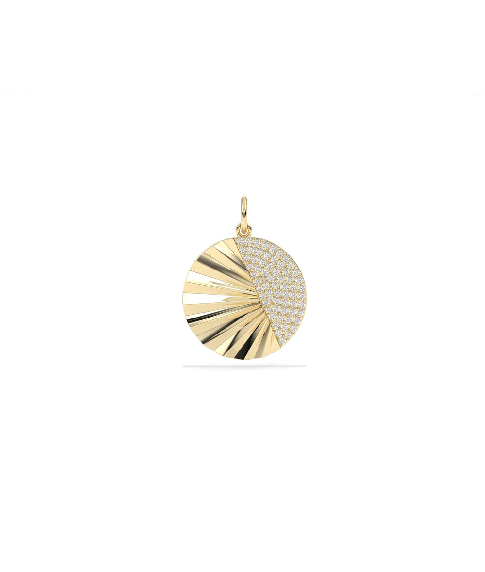 Fluted half moon charm front view in yellow gold with crescent celestial design
