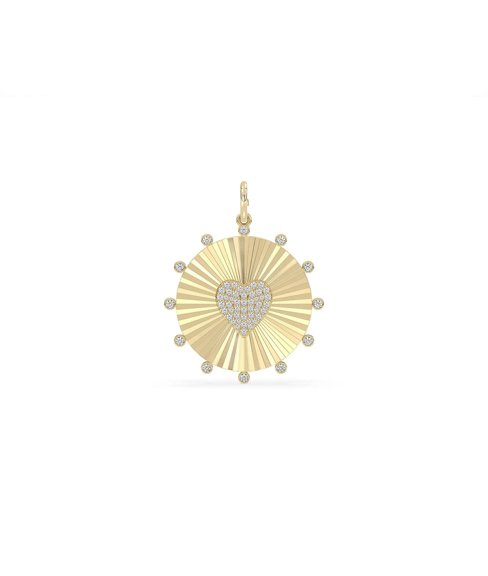 Fluted heart circle charm front view in yellow gold with dual romantic design