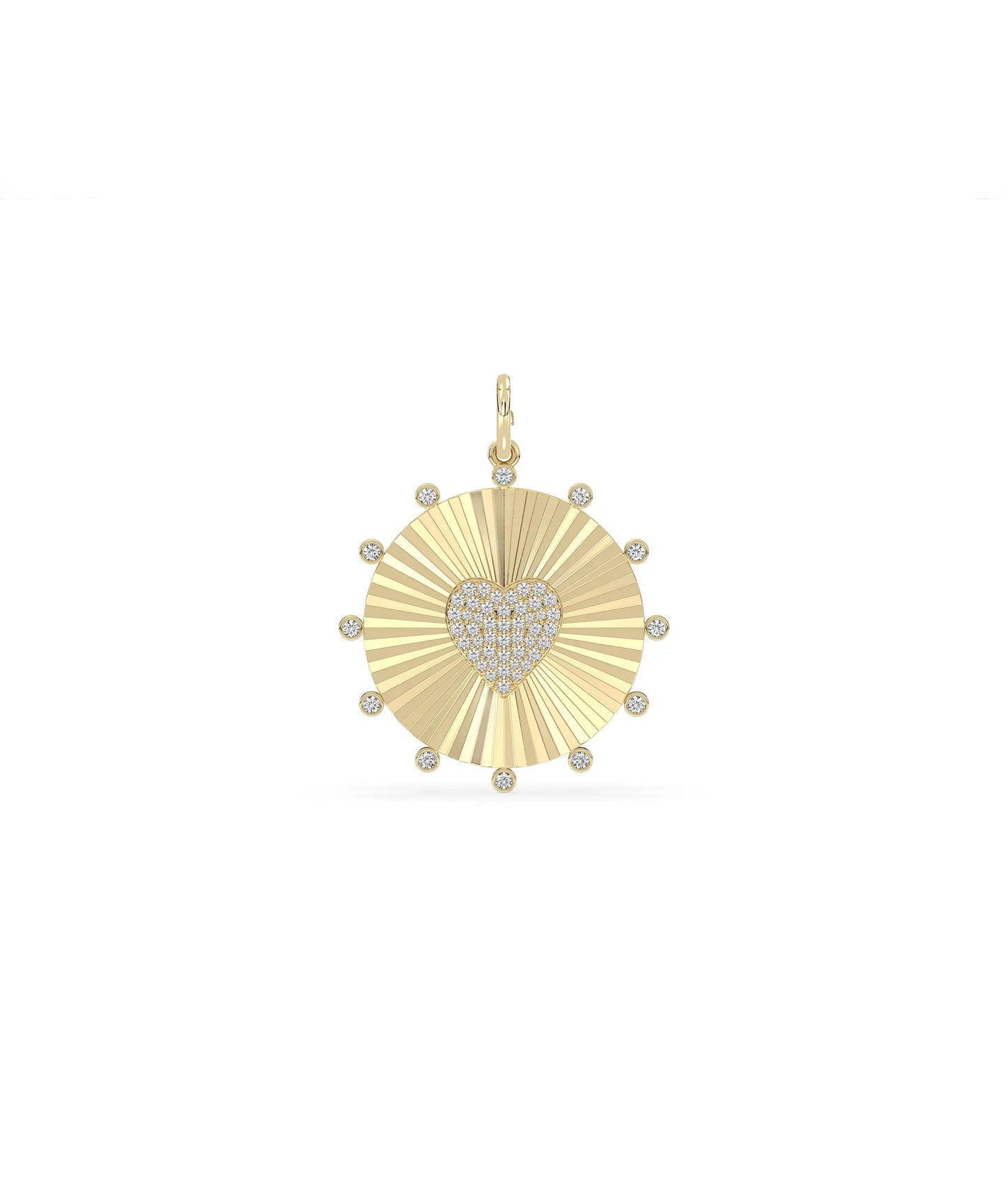 Fluted heart circle charm front view in yellow gold with dual romantic design