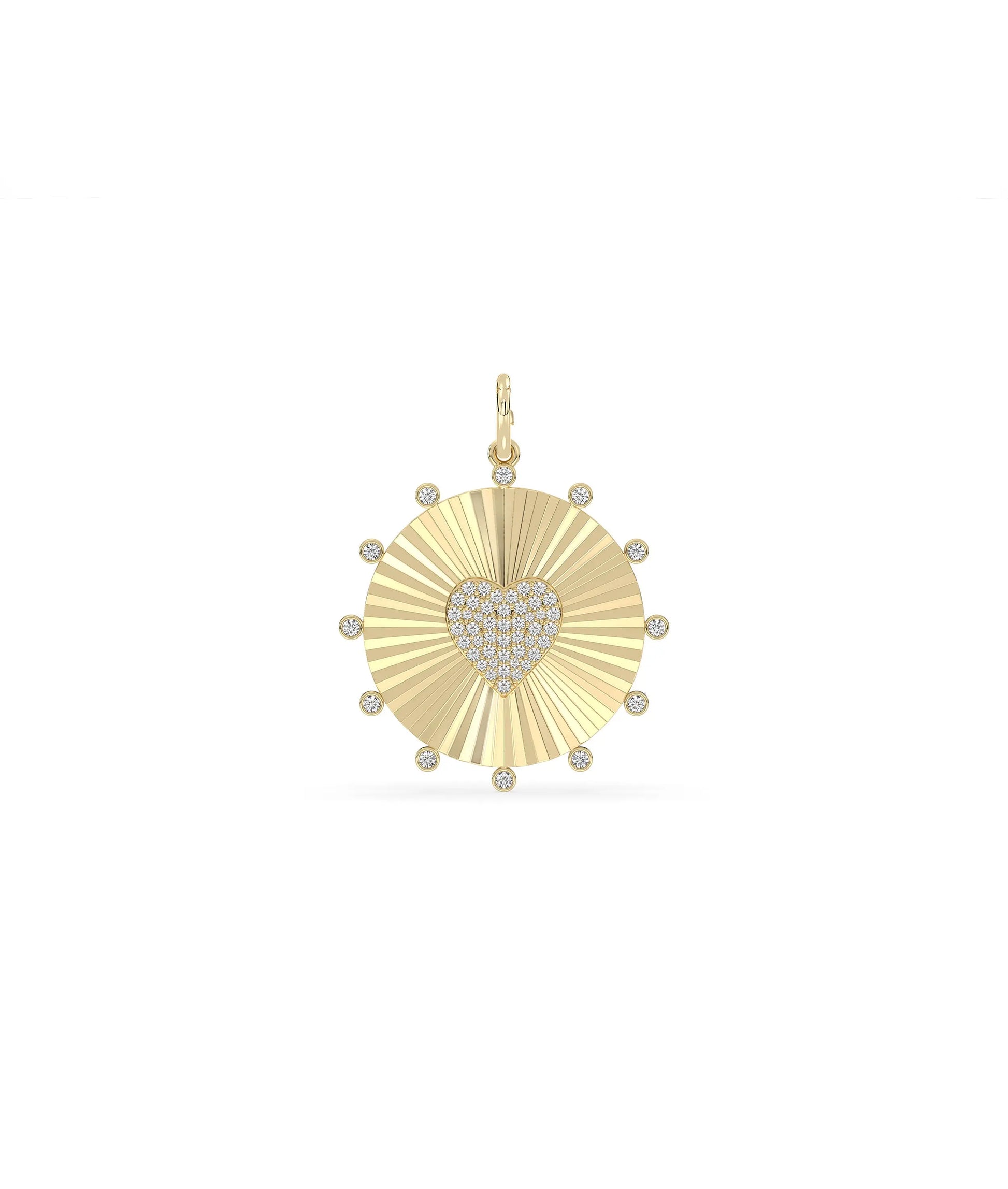 Fluted heart circle charm front view in yellow gold with dual romantic design