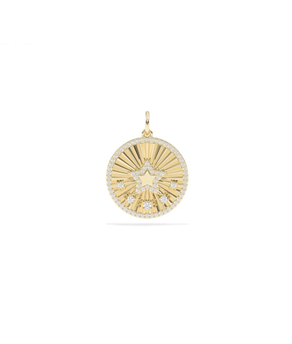 Fluted star charm front view in yellow gold with radiating textured design