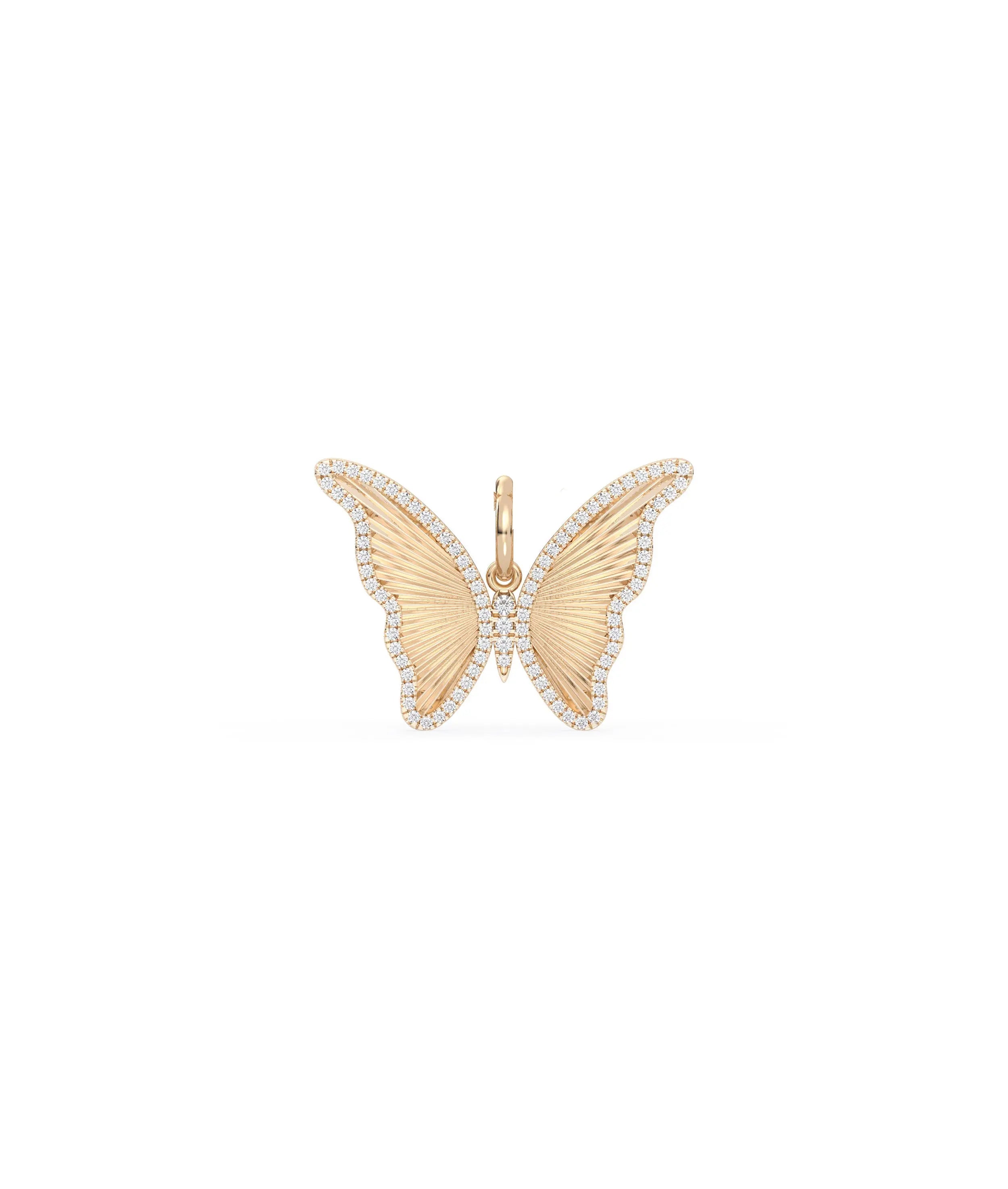 Rose gold fluted butterfly charm transformation symbol with diamond sparkle