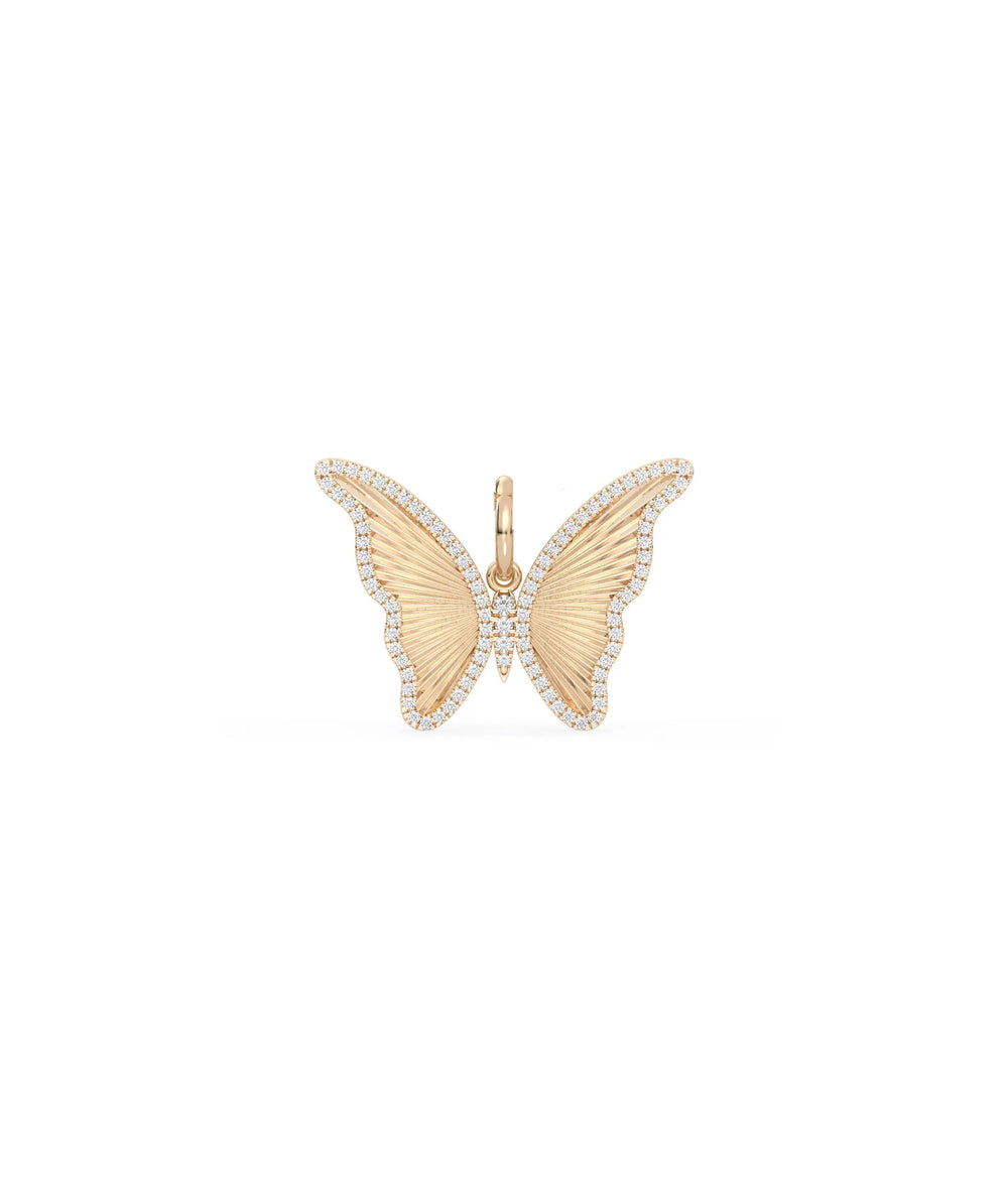 Rose gold fluted butterfly charm transformation symbol with diamond sparkle