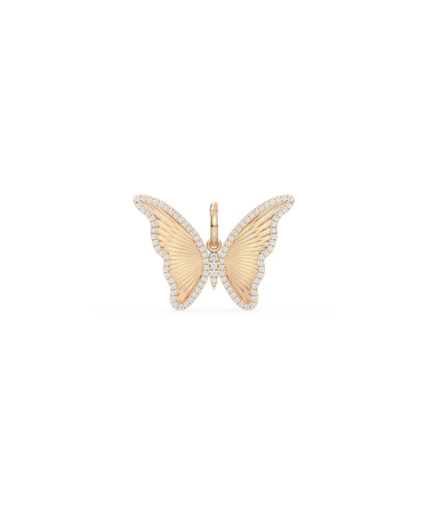 Rose gold fluted butterfly charm transformation symbol with diamond sparkle