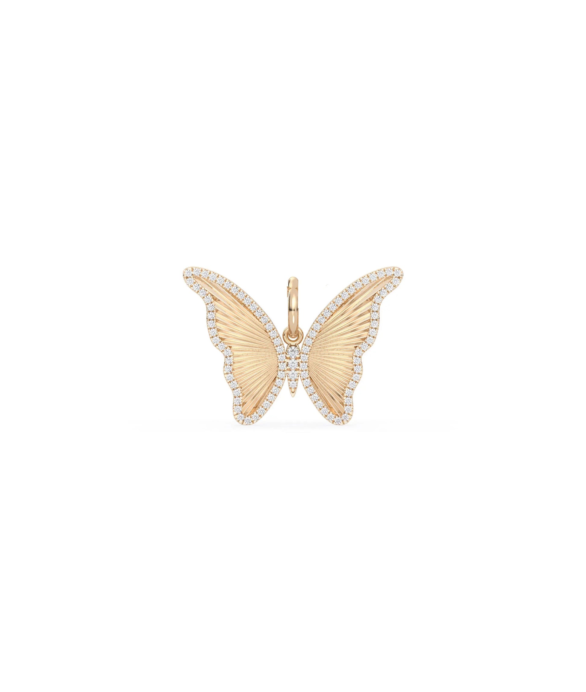 Rose gold fluted butterfly charm transformation symbol with diamond sparkle