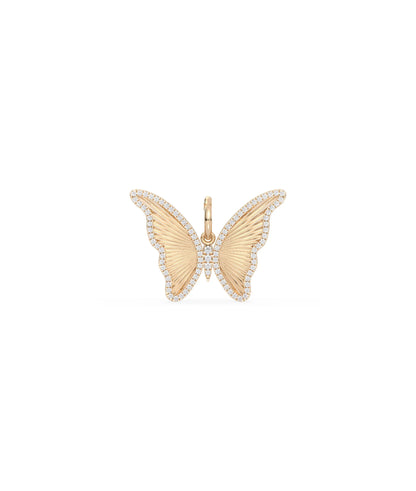 Rose gold fluted butterfly charm transformation symbol with diamond sparkle