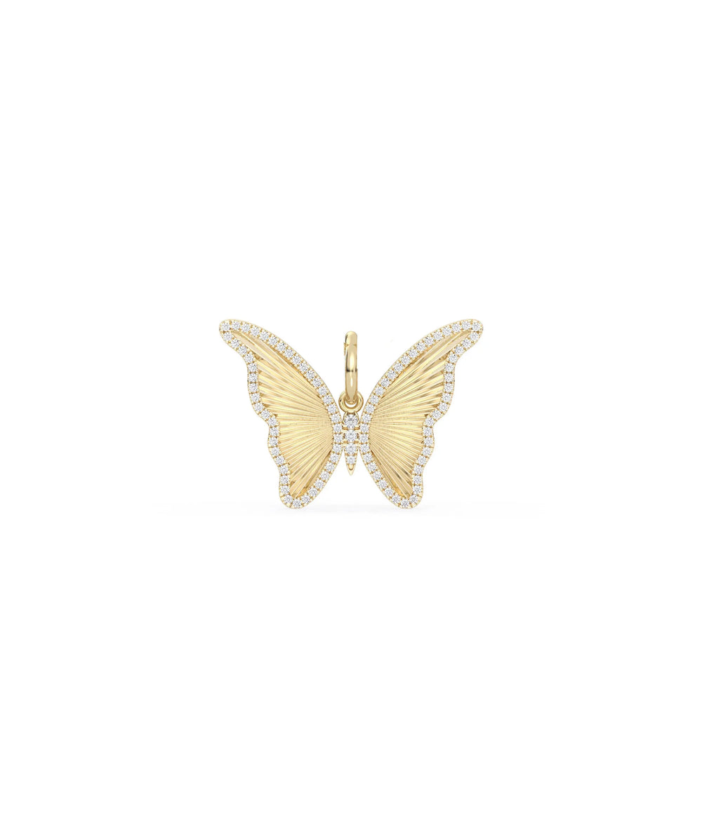 Fluted butterfly charm front view in yellow gold with textured wing design