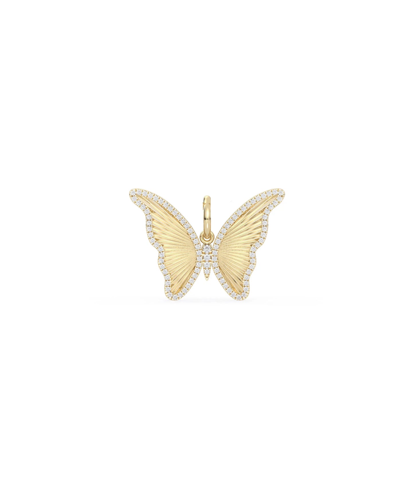 Fluted butterfly charm front view in yellow gold with textured wing design