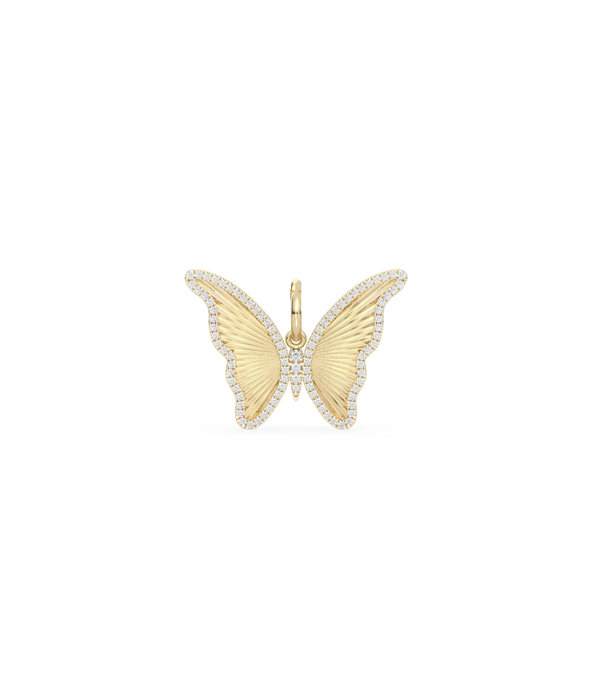 Fluted butterfly charm front view in yellow gold with textured wing design