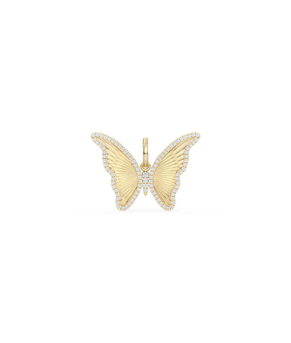 Fluted butterfly charm front view in yellow gold with textured wing design