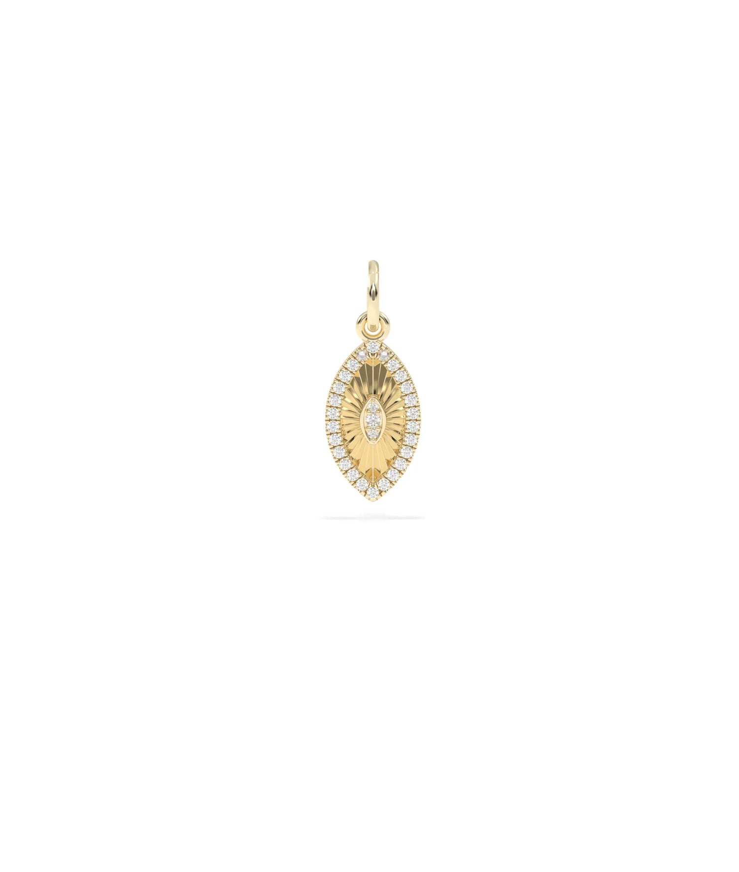 Fluted evil eye charm front view in yellow gold with protective eye design