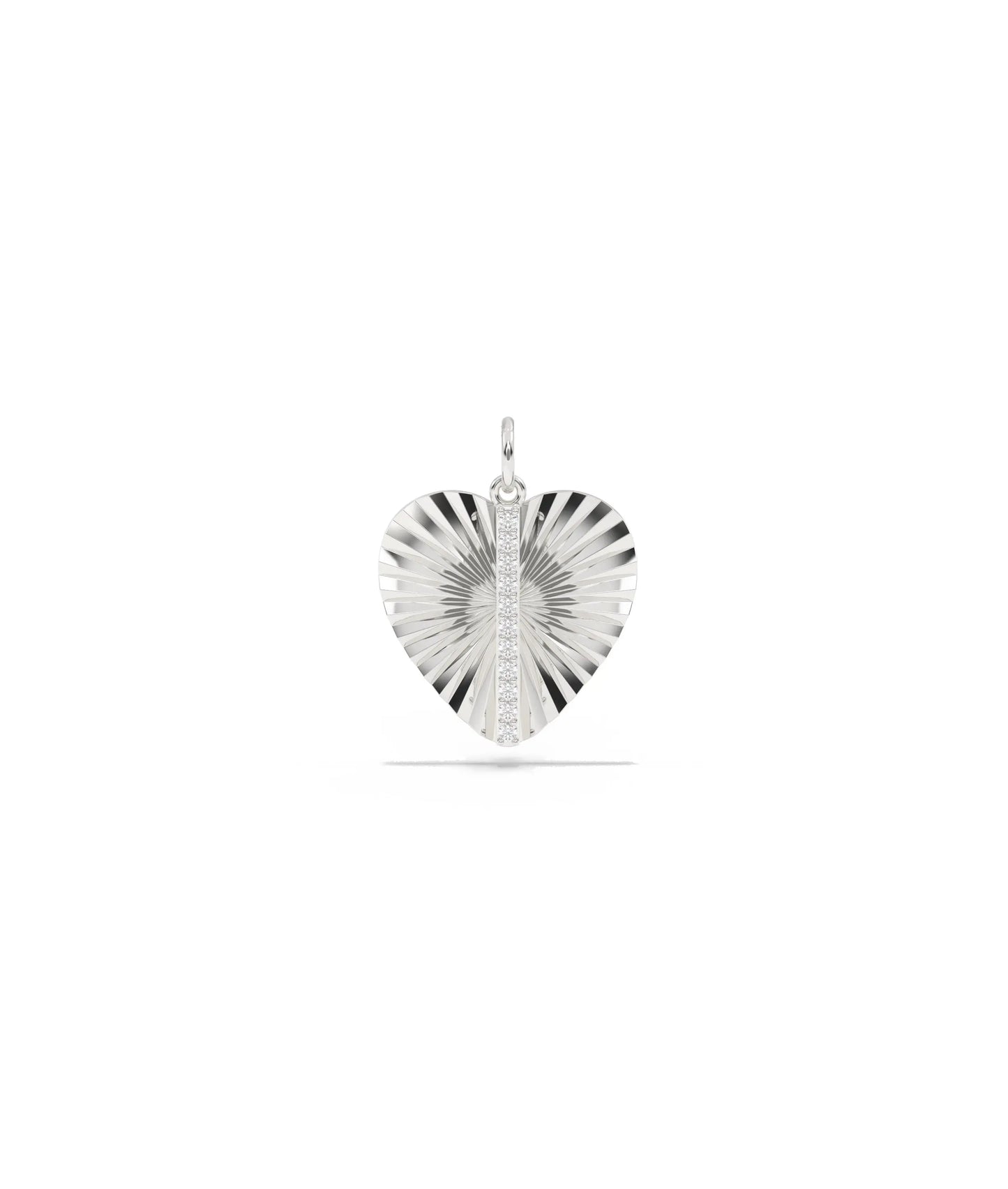 White gold fluted heart charm with love symbol and architectural fluted texture