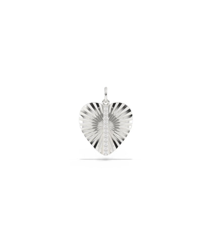 White gold fluted heart charm with love symbol and architectural fluted texture