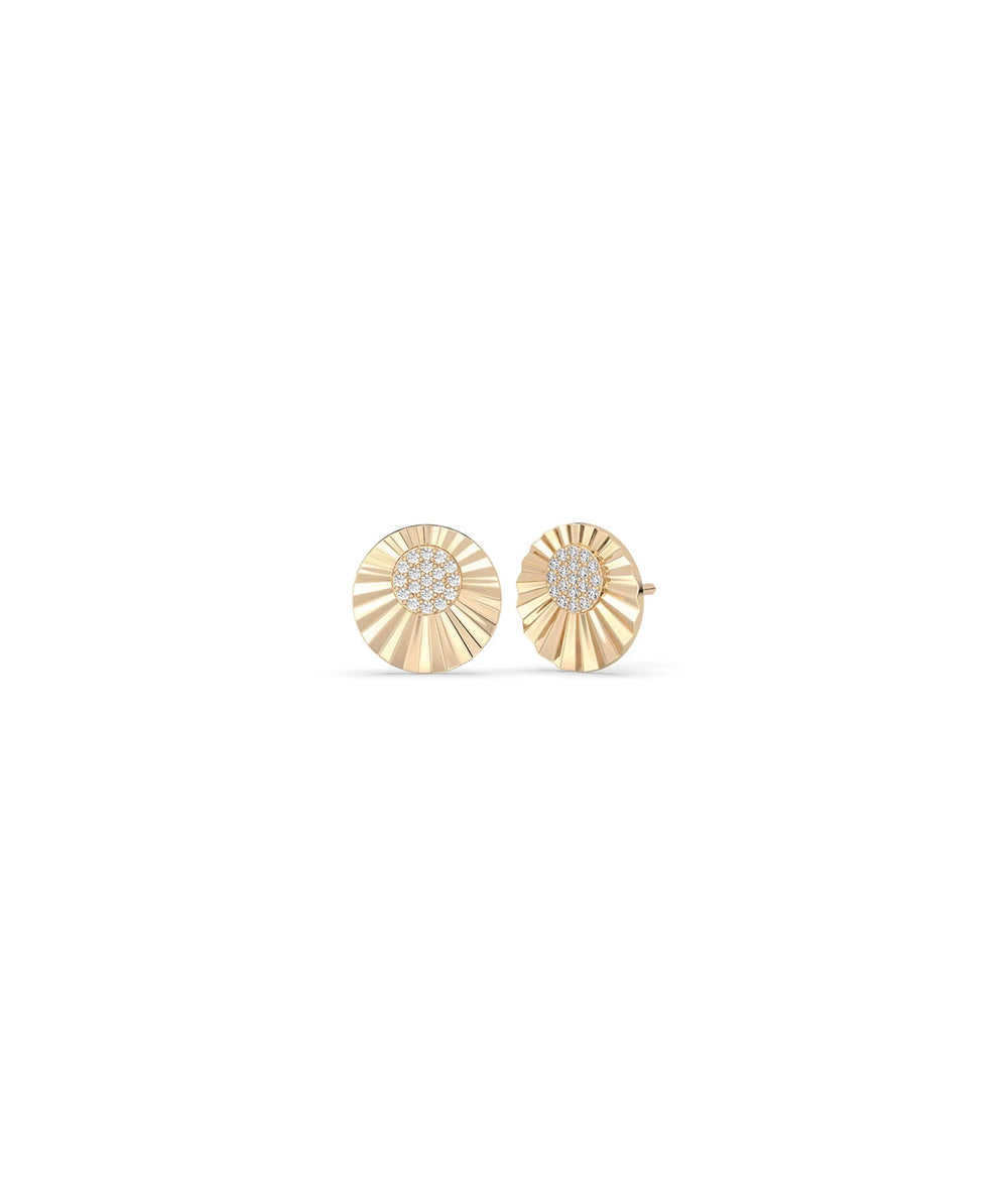 Rose gold fluted pave stud earrings circular design with fluted frame